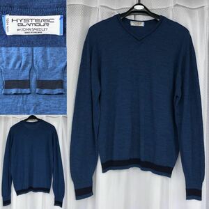 JOHN SMEDLEY コラボ★Vネック ウール ニットセーター L青 HYSTERIC GLAMOUR★英国製 ジョン・スメドレー ENGLAND ヒステリックグラマー HG