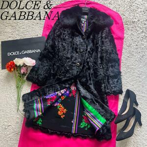 【良品】DOLCE&GABBANA リアルファーロングコート ブラック 38 ドルチェ&ガッバーナ M 黒 えり 衿 襟 総柄 ボタン フォックス ヤギ