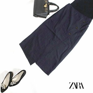 美品 ZARA woman ザラ ウーマン ■ 秋 冬 上品 綺麗め ピンストライプ柄 ロング丈 ラップ タイトスカート S ネイビー 紺 綺麗め