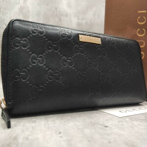 最高級/付属品付き●GUCCI グッチ メンズ シマ 長財布 ラウンドファスナー ジップ ロゴプレート GG ロゴ型押し 本革 レザー 黒 ブラック 