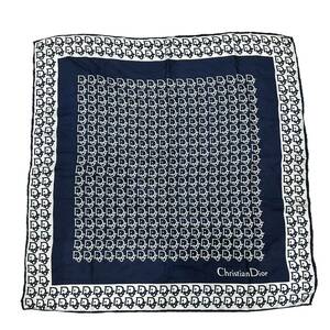 ○送料無料 Dior ディオール ヴィンテージ シルク100％ 総柄 ネイビー系 スカーフ