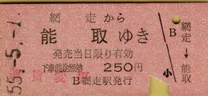 ◎ 国鉄　網走 【 普通乗車券 】 網走 から 能取 ゆき　S５５.５.１ 網走 駅 発行