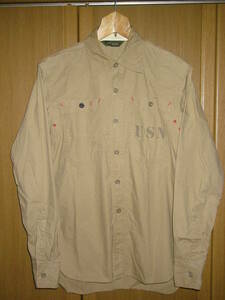MADE IN JAPAN FOB カーキ ベージュ ワーク シャツ 2 M ワークシャツ 長袖 日本製 USN ステンシル ( ミリタリー ハンティング