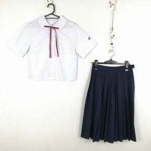 1円 ブラウス スカート 紐タイ 上下3点セット M 夏物 女子 学生服 中学 高校 白 制服 中古 ランクC EY3029