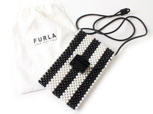 E22337 新品同様 極美品 FURLA フルラ スマホショルダー ポシェット ショルダーバッグ ブラック×ホワイト 黒×白 保管袋 ビーズ