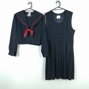 1円 セーラー服 ジャンパースカート スカーフ 上下3点セット 大きいサイズ 特大 冬物 赤3本線 女子 中学 高校 紺 中古 ランクC EY2285