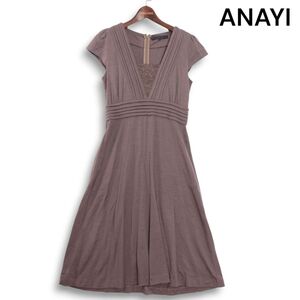 ANAYI アナイ 秋冬 レース切替♪ 半袖 ウール Aライン ワンピース ドレス Sz.38　レディース 日本製　K4T02155_B#E