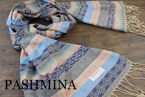 新品【パシュミナ Pashmina】フェアアイル柄 ネイビー系マルチカラー 大判 ストール カシミア100% Cashmere