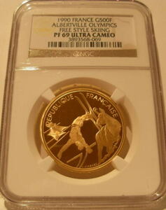 フランス1990金貨 500フランNGC PF69UCアルベールビルオリンピック - フリースタイルスキー 硬貨