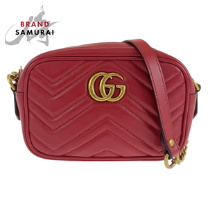 美品 GUCCI グッチ GGマーモント レッド ゴールド金具 レザー 448065 ショルダーバッグ ポシェット カメラバッグ レディース 408553