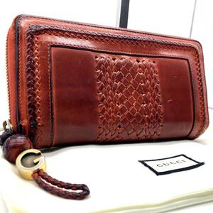 定価47万相当/希少/廃盤入手困難品●GUCCI グッチ メンズ 長財布 ラウンドファスナー ウーブンウェブ オレンジ レザー ゴールドGチャーム