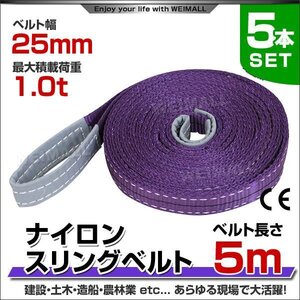 未使用 5本セット ナイロンスリングベルト ベルトスリング スリングベルト 荷上げ 耐荷重1t25mm×5m 作業 現場 会社 法人