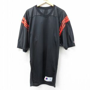 L/古着 チャンピオン Champion 半袖 ビンテージ フットボール Tシャツ メンズ 90s 無地 ロング丈 メッシュ地 黒他 ブラック