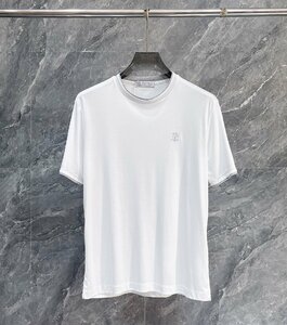 BRUNELLO CUCINELLI(ブルネロ クチネリ) メンズ T-シャツ 半袖 丸首 ホワイト Mサイズ トップス カットソー 刺繍ロゴ クルーネック 綿