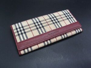 ■美品■ BURBERRY バーバリー ナイロンキャンバス×レザー チェック柄 二つ折り 長財布 ウォレット ベージュ系 DG6989