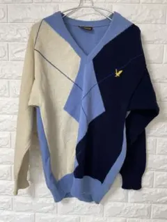 Lyle & Scott Vネックセーター 100%ウール ベージュ 青 紺 L