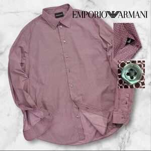 定価約4万 新品同様 EMPORIO ARMANI エンポリオアルマーニ ドレスシャツ 長袖シャツ サイズL 2021年モデル ボルドー ×ホワイト 総柄 A2929