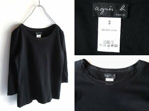 希少 00sビンテージ agnes b. アニエスベー レースメッシュ切替 コットン 七分袖 カットソー Tシャツ 3 黒 ブラック 日本製 ネコポス対応