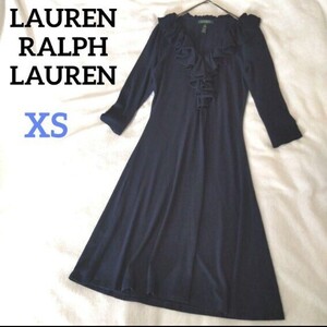 LAUREN RALPH LAUREN ローレンラルフローレン 胸元フリルワンピース ドレス ネイビー コットン 紺色 パーティー Aライン エレガンス 