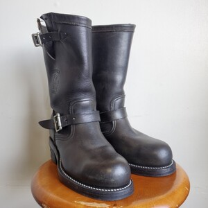 1046◆チペワ CHIPPEWA エンジニアブーツ 5E 23㎝位 黒 ブラック スチールトゥ レザー 本革 バイク vintage 中古 USED