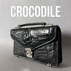 ★１円スタート★ クロコダイル crocodile ワニ革 鰐革 セカンドバッグ オーガナイザー ブラック 黒 エキゾチックレザー G38.