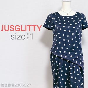 【最終値下げ☆美品☆】JUSGLITTY(ジャスグリッティー)ドット柄　ひざ丈ワンピース　スクエアネック　ネイビー/紺色