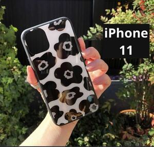 iPhone11ケース　iPhone11強化ガラスケース　花柄　管理565 北欧　フラワー　ブラック　アイフォンケース 保護カバー ハードケース