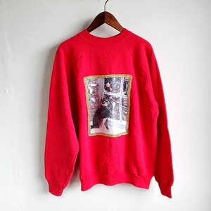 D4◆90s Hanes Her Way 長袖 スウェット sizeL 赤 レッド 動物 猫 クリスマス トレーナー 中古 USED 古着