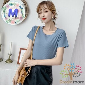 Solid color ラウンドフリル Tシャツ Mサイズ 美ライン 半袖 レディース オフィス カジュアル 無地 綺麗め K-088-5ブルー