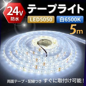 LEDテープライト ホワイト 24V 5ｍ LEDテープ 正面発光 白 300連 5050SMD 防水 切断可 両面テープ トラック 船舶 サイドマーカー 屋外照明