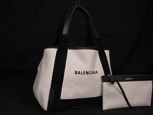 1円 ■美品■ BALENCIAGA バレンシアガ ネイビーカバスS キャンバス×レザー ポーチ付き ハンドバッグ トート アイボリー系 AZ2263