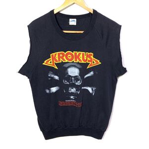 ■80年代 ビンテージ カナダ製 KROKUS クロークス HEADHUNTER クロスボーンスカル カットオフ スウェットトレーナーベスト 古着 ロック■