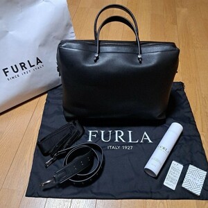 【本物】FURLA　ビジネスバッグ　牛革　別売ショルダーベルト付　別売スプレー付　フルラ　ブラック　手提げ　ショルダー　2way　メンズ