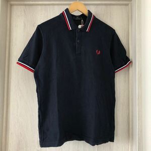 (k) FRED PERRY フレッドペリー 鹿の子 ラインポロ シャツ 半袖 ネイビー 紺 サイズ38 イングランド製 英国製 コットン 