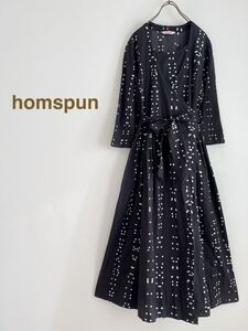 homspun ドットロングワンピース ブラック ホームスパン カシュクール