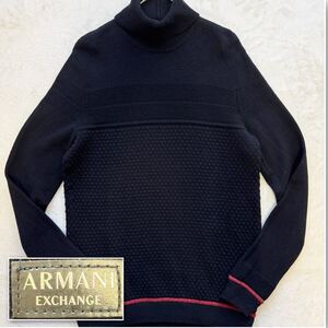 希少デザイン/美品◎アルマーニ タートルネック 長袖ニット セーター ARMANI EXCHANGE ロゴワッペン ウール ブラック 黒 レッドライン 赤