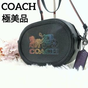 【極美品】COACH　コーチ ショルダーバッグ バッグ ポシェット 馬車　レインボー　レザー　ブラック　黒　肩がけ　チャーム カメラバッグ