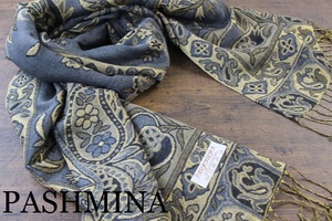 新品【パシュミナ Pashmina100％】金糸織 ペイズリー薔薇柄 チャコールグレー×ゴールド C.GRAY×GOLD 大判 ストール