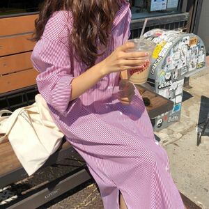 シャツワンピース ロングシャツ ワンピース ミディアム丈 長袖 シャツ レディース スリット入りチュニック ストライプ シャツワンピ ピンク