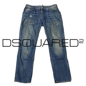 【DSQUARED2】ディースクエアード ダメージ加工 レザータグ ロゴ刻印 ストレート デニムパンツ ジーンズ インディゴブルー 表記40(メンズM)