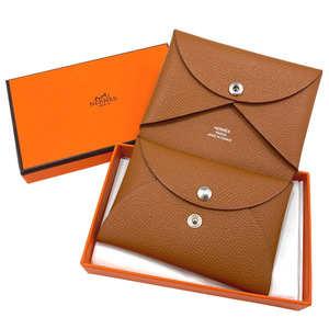 エルメス HERMES カルヴィデュオ エプソン レザー ゴールド シルバー金具 カードケース コインケース 小銭入れ ミニ財布 Calvi Duo Epsom