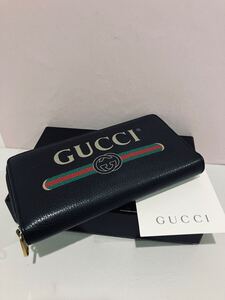 GUCCI ● 新品同様 ヴィンテージ ロゴ ラウンドファスナー ジッピーウォレット 長財布 グッチ 黒 ブラック