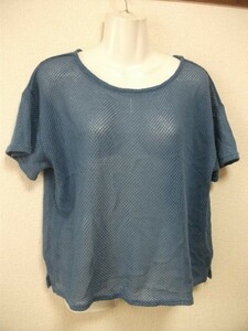 assk3-1159☆Natural Palette　半袖ニット　サマーニット　丸首　トップス　透け感　ブルー　LLサイズ　綿混素材
