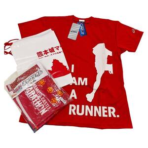 asics　半袖　Ｔシャツ　ネック　タオル　２点セット　2014　熊本城マラソン　ランニングウェア　レッド　L