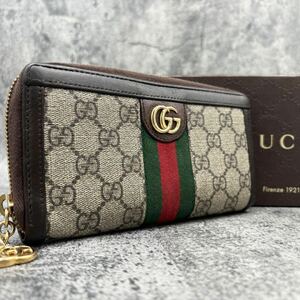 極美品GUCCI グッチ 長財布 メンズ ラウンドファスナー GGマーモント シェリーライン オフィディア レザー PVC ブラウン 茶 小銭入れ