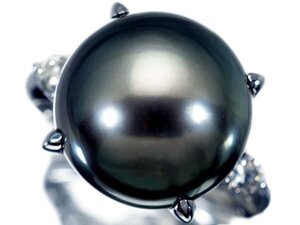 1円～【ジュエリー極】大粒存在感！南洋ブラックパール13.3mm＆天然ダイヤモンド0.18ct 高級Pt900リング a1493ko【送料無料】