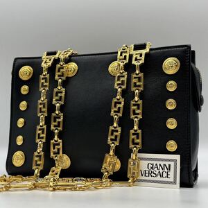 178-206●極美品 希少● VERSACE ヴェルサーチェ チェーン ショルダーバッグ メダル スタッズ ゴールド金具 メデューサ レザー グレカ模様