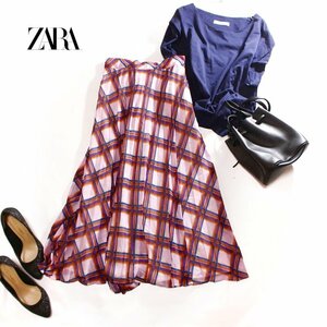 ZARA BASIC ザラ ベーシック 春 夏 チェック柄 プリント プリーツスカート ロングフレアスカート マキシスカート S ピンク レッド 赤