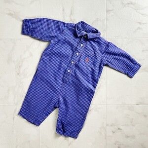 美品 RALPH LAUREN ラルフローレン チェック柄シャツ風ロンパース ベビー服 子供服 青系 オレンジ系 サイズ6M*TC839