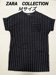 ZARA　トップス　カットソー　Ｍ　コットンネル　ストライプ　濃紺　ゆったりサイズ